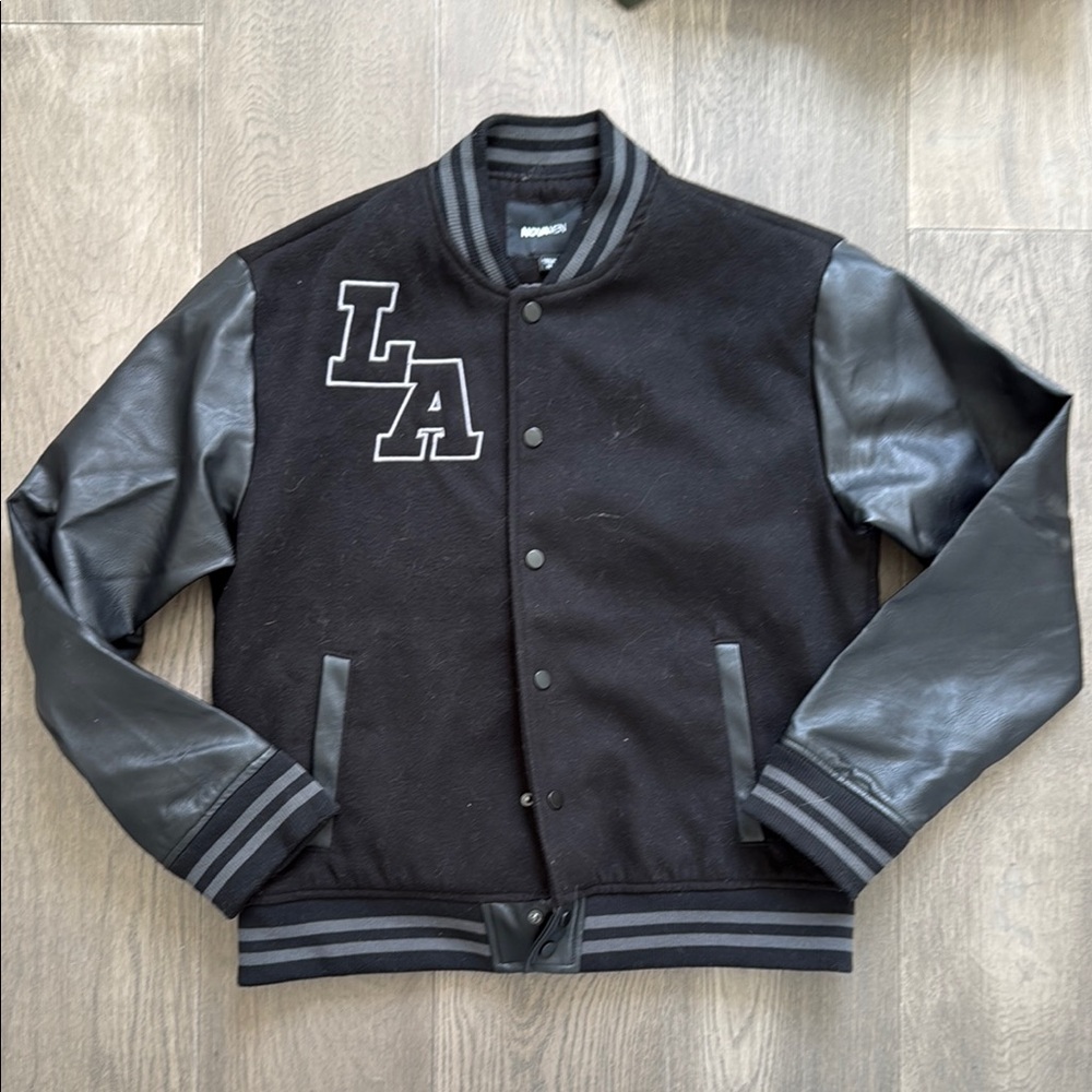 Fashion Nova Black Varsity Jacket with Leather Sleeves